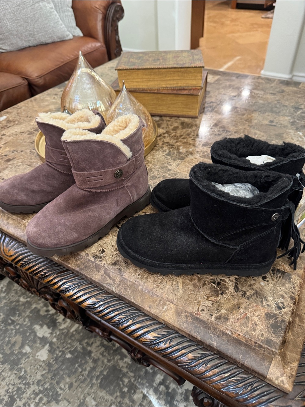 2 pairs BearPaw  Shearling Suede Boots - Black, Brown